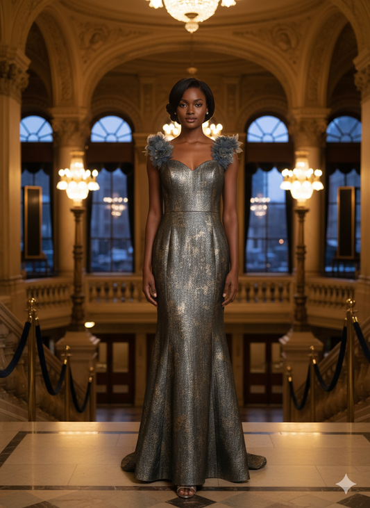Enchanting Metallic Brocade Mermaid Gown with Floral Shoulder Accents
