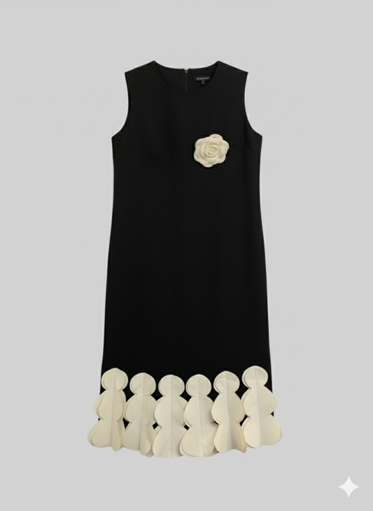 Chic Black Sleeveless Top with 3D Floral & Scalloped Hem - Modern Elegance
