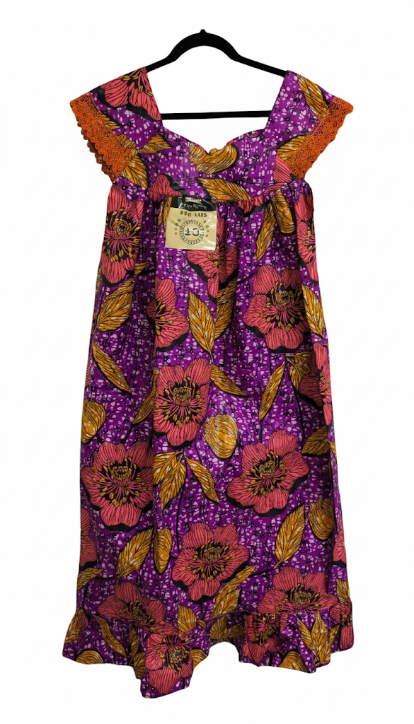 Vibrant Purple Floral Kabba Dress with Orange Lace Detail
