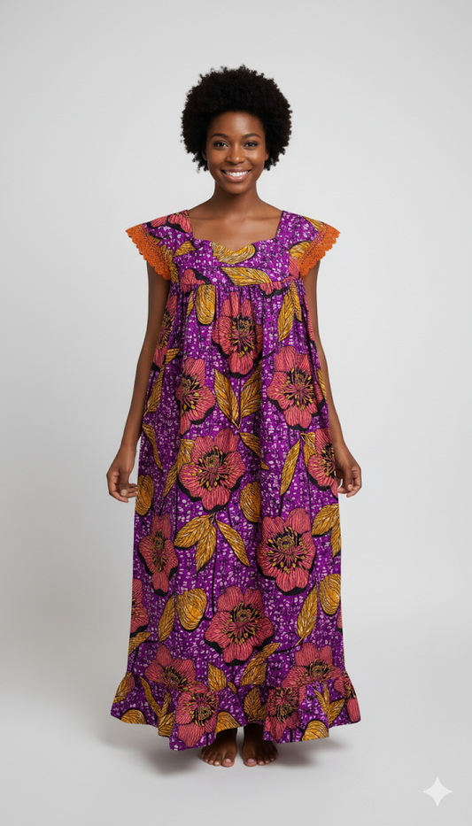 Vibrant Purple Floral Kabba Dress with Orange Lace Detail