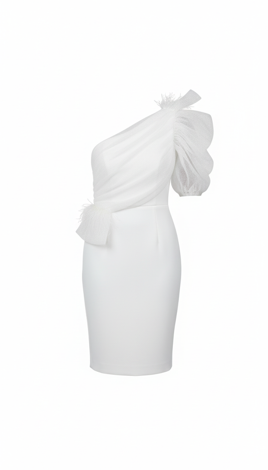 Chic One-Shoulder White Cocktail Dress with Organza Bow Detail