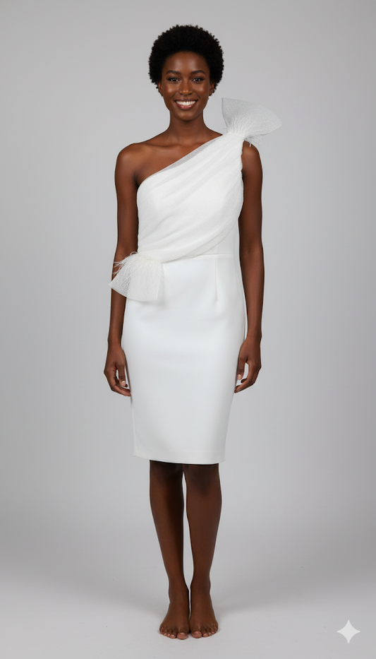 Chic One-Shoulder White Cocktail Dress with Organza Bow Detail