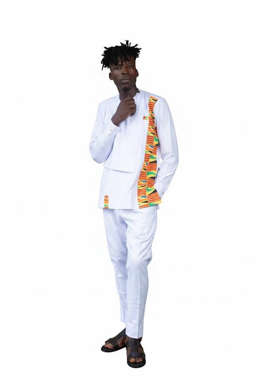Men's White Senator Suit with Kente Print Accent