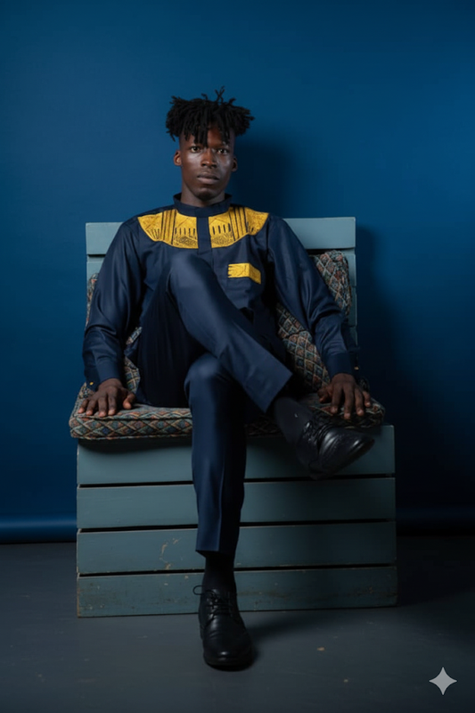 Navy Blue Senator Suit with Gold Embroidered Yoke