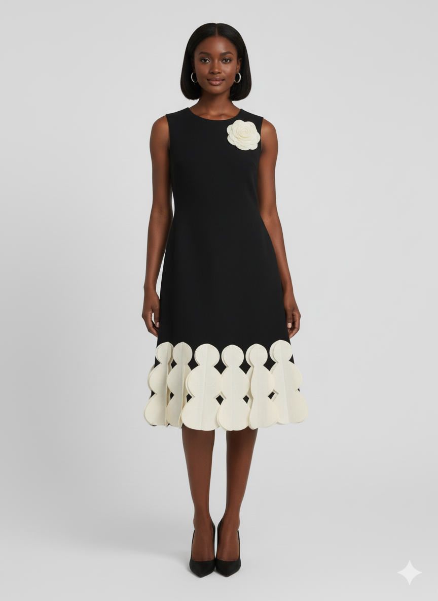 Chic Black Sleeveless Top with 3D Floral & Scalloped Hem - Modern Elegance