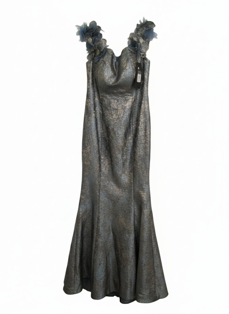 Enchanting Metallic Brocade Mermaid Gown with Floral Shoulder Accents