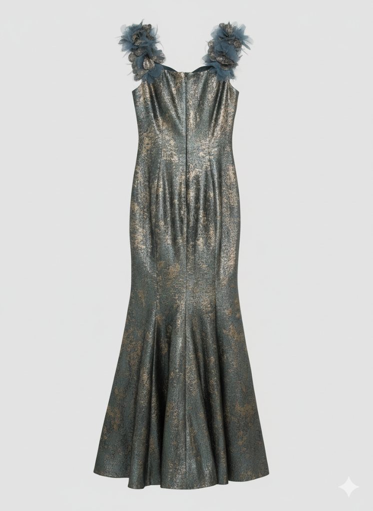 Enchanting Metallic Brocade Mermaid Gown with Floral Shoulder Accents
