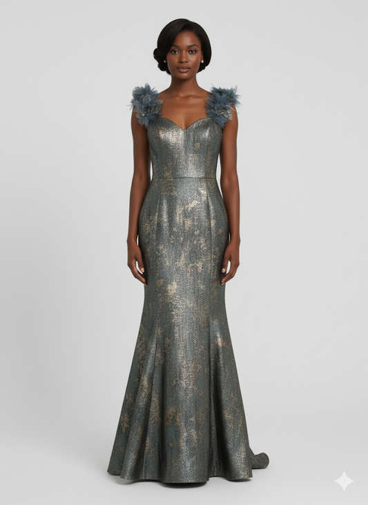 Enchanting Metallic Brocade Mermaid Gown with Floral Shoulder Accents