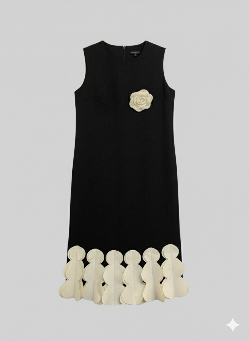 Chic Black Sleeveless Top with 3D Floral & Scalloped Hem - Modern Elegance